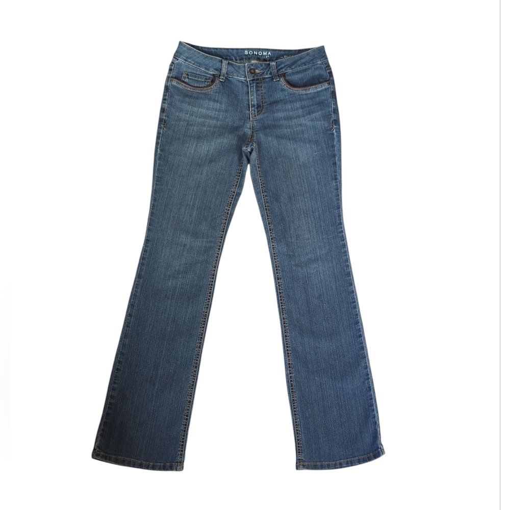 Sonoma Embroidered Mid-Rise Denim Demi Bootcut Jeans 4 Blue Brown Pockets